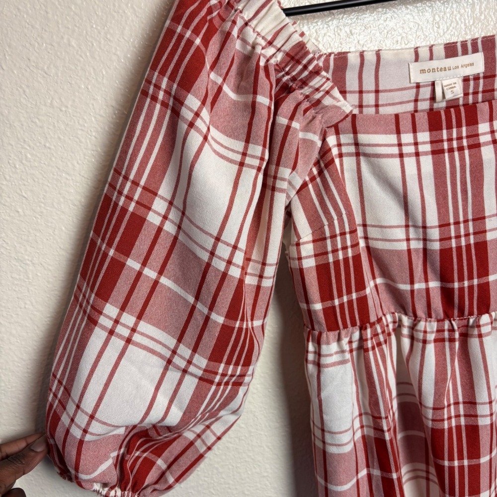 New Monteau Los Angeles S Red Plaid Babydoll Mini Dress Puff Sleeve Cottagecore - Picture 4 of 12